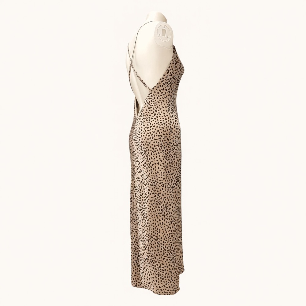 Leopard Satin Slip Dress Cowl Neck Open Back Midi 90s Minimal XS - Picture 3 of 9